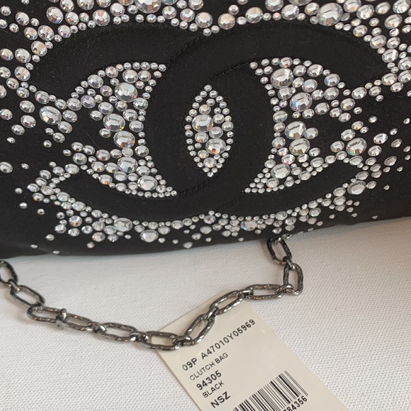 CHANEL 🖤 Rare Diamonte Swarovski Crystal Studded CC Black Satin Silk Chain Bag - Picture 8 of 16
